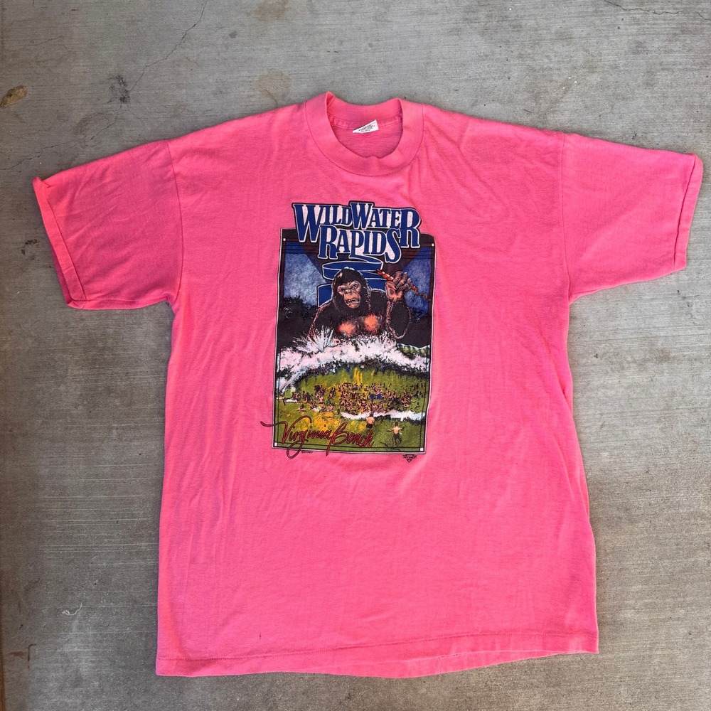 Vintage 80s Signal Wild Water Rapids Virginia Beach Pink Gorilla T-Shirt Mens XL
